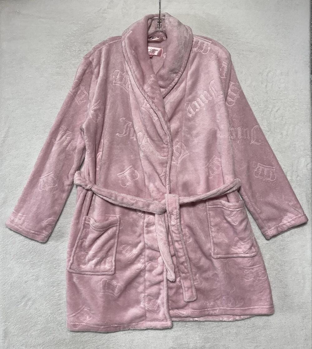 Juicy Couture Robe Womens L/XL Pink Fleece Belted Logo Sleepwear Plush